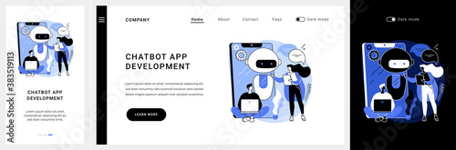 Chatbot app development website UI kit. Chatbot application, bot development framework, AI programming, messaging mobile app, communication service, UX landing and mobile app vector UI template.