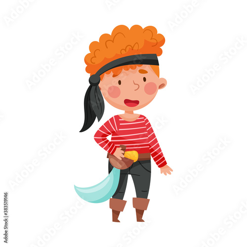 Cheerful Boy in Pirate Costume with Tied Bandana and Sword Vector Illustration