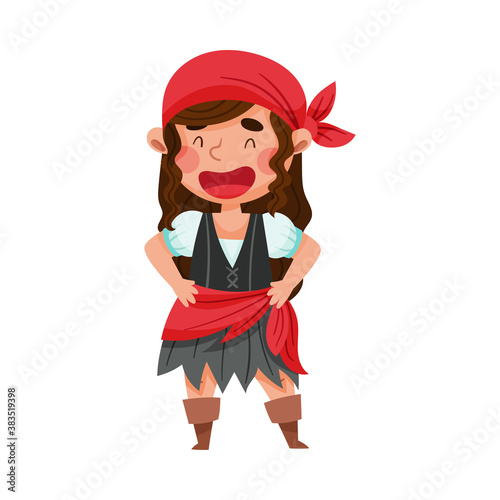 Smiling Girl in Pirate Costume with Tied Bandana Vector Illustration
