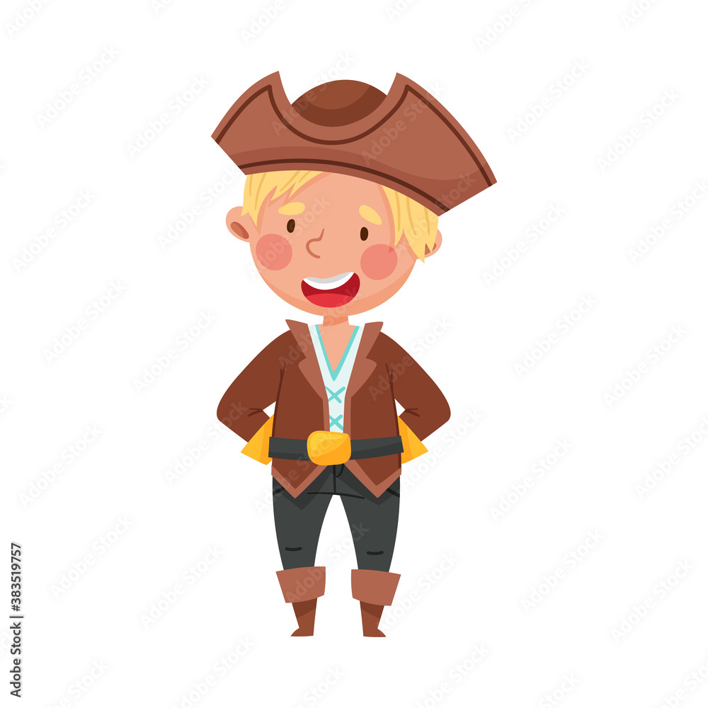 Playful Kid Standing in Pirate Costume Wearing Hat Vector Illustration