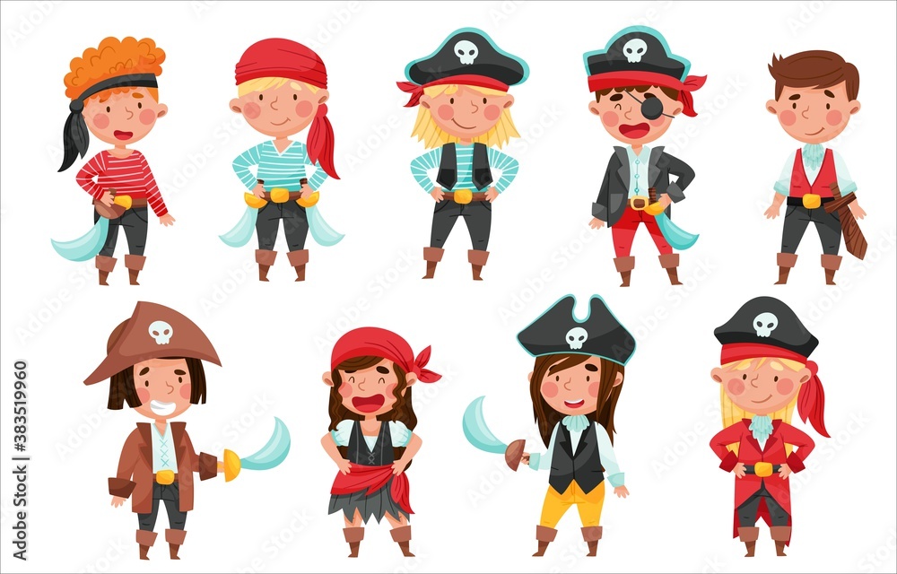 Cheerful Boys and Girls in Pirate Costumes with Sword or Saber Vector Set Cheerful Boys and Girls in Pirate Costumes with Sword or Saber Vector Set