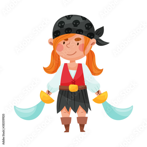 Cute Girl in Pirate Costume with Tied Bandana and Sword Vector Illustration