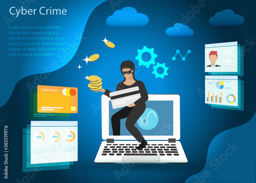 Hacker stealing credit card, financial information and gold coins from computer. Idea for digital online cyber crime, hacking, phishing, scam, malware and financial security concept.