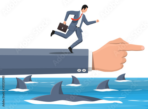 Businessman running on hand over shark in water. Business man in suit jump between gap. Obstacle on road, financial crisis. Team work, cooperation. Risk management challenge. Flat vector illustration