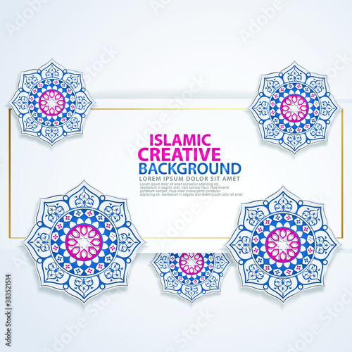 Arabic arabesque design greeting card for for major Islamic events, Islamic traditional wedding events and other users with realistic Islamic ornamental colorful detail of mosaic. Vector illustration.