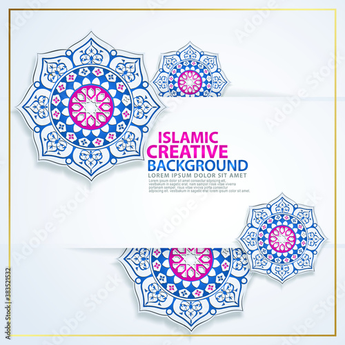 Arabic arabesque design greeting card for for major Islamic events, Islamic traditional wedding events and other users with realistic Islamic ornamental colorful detail of mosaic. Vector illustration.