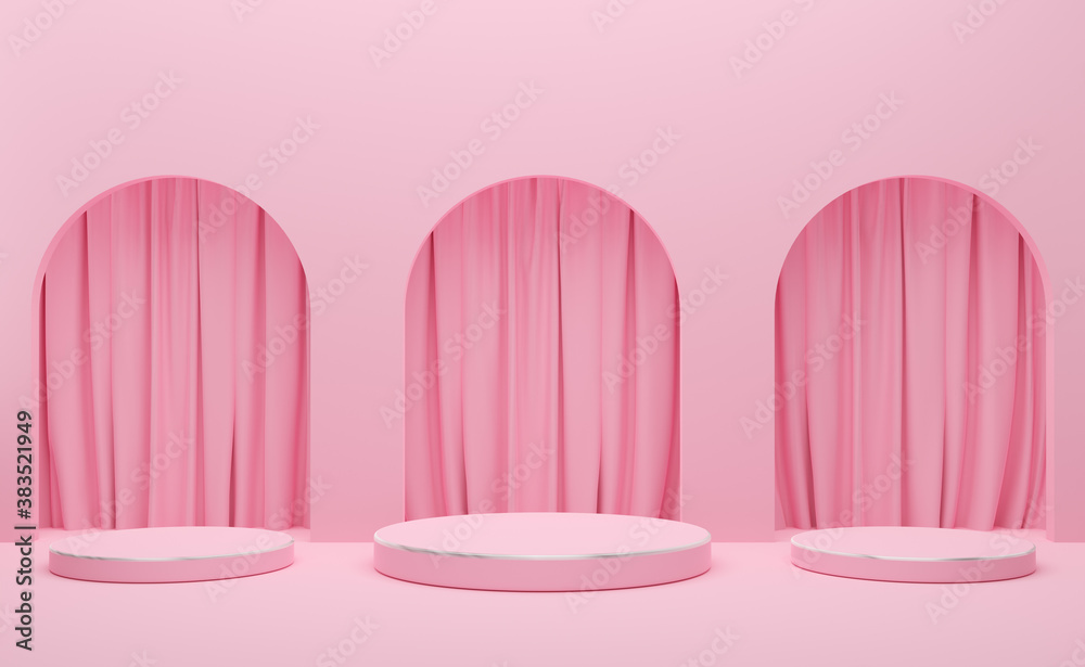 podium empty with geometric shapes and curtain in pink pastel composition for modern stage display and minimalist mockup ,abstract showcase background ,Concept 3d illustration or 3d render