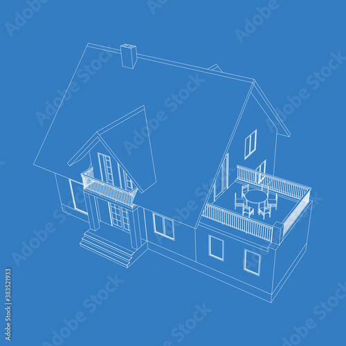 3D suburban house model. Drawing of the modern building. Cottage isolated on blue background. Interesting vector blueprint. Top view.
