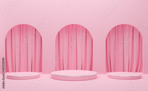 podium empty with geometric shapes and curtain in pink pastel composition for modern stage display and minimalist mockup ,abstract showcase background ,Concept 3d illustration or 3d render © sirawut