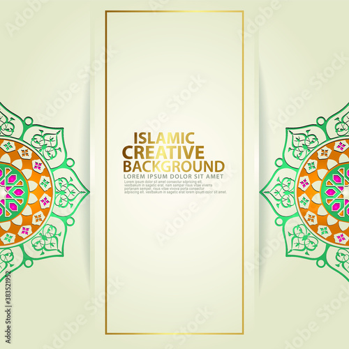 Arabic arabesque design greeting card for for major Islamic events, Islamic traditional wedding events and other users with realistic Islamic ornamental colorful detail of mosaic. Vector illustration.