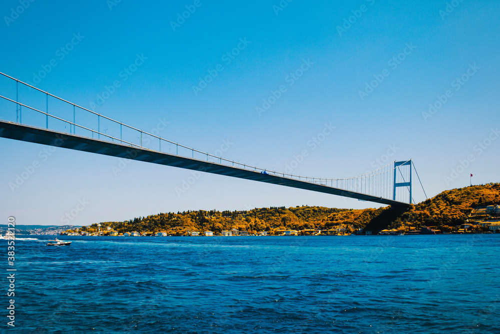 A view of Fatih Sultan Mehmet bridge and the Bosporus from an embankment in the Arnavutköy district of Istanbul. Turkish San Francisco.