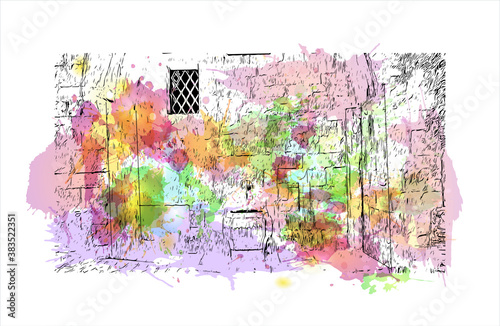 Building view with landmark of Bergamo is a city in the alpine Lombardy region of northern Italy. Watercolor splash with hand drawn sketch illustration in vector.