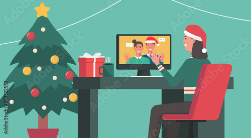 Online Christmas concept, woman video calling to her family on a computer at home with christmas tree decorated, vector flat illustration