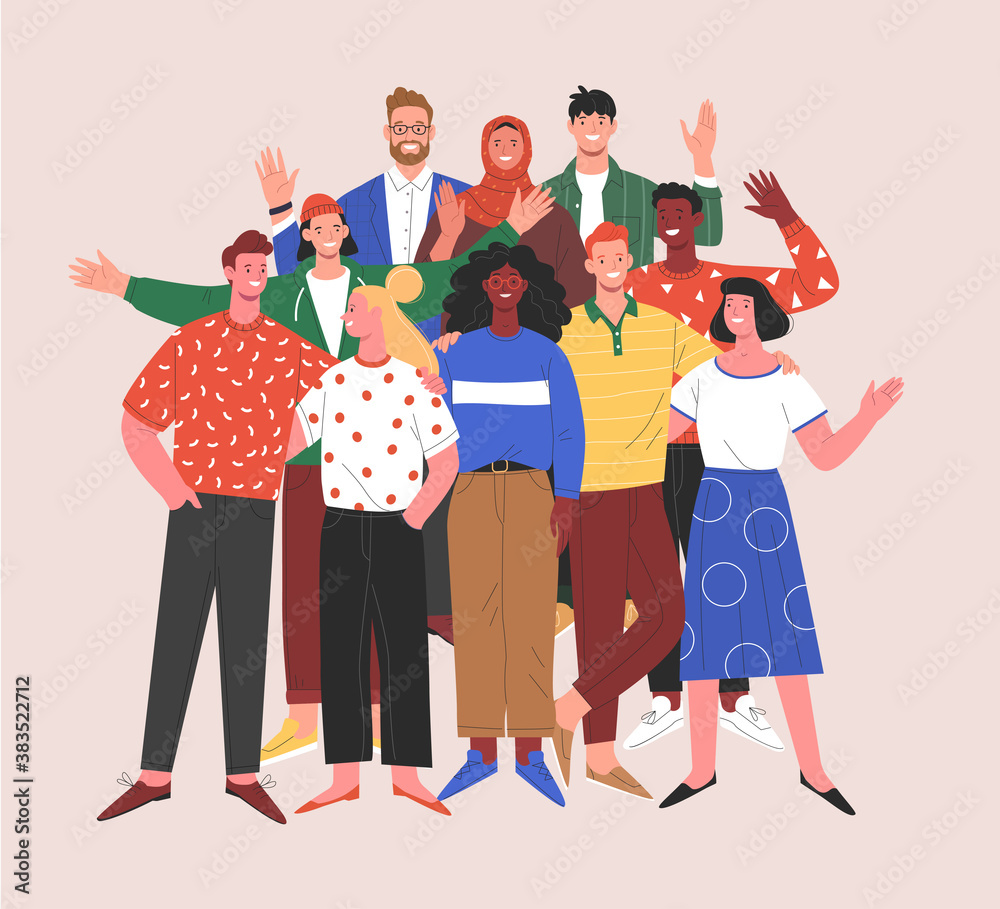 Obraz premium Multinational team. Vector illustration of diverse young adult people standing together and waving their hands. Isolated on background