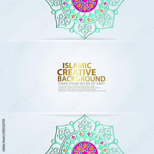 Arabic arabesque design greeting card for for major Islamic events, Islamic traditional wedding events and other users with realistic Islamic ornamental colorful detail of mosaic. Vector illustration.