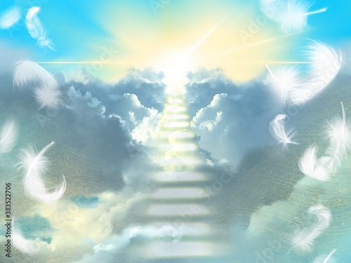Foto Stairs for the heaven in cloudscape with flying white feathers