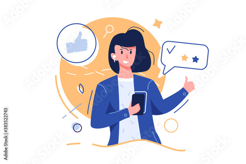 Satisfied girl with service puts an estimate in bubbles, network isolated on white background, flat vector illustration