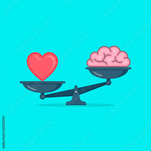 Heart and brain on scales vector illustration. Balance, love, mind, intelligence, logic concept colorful concept illustration