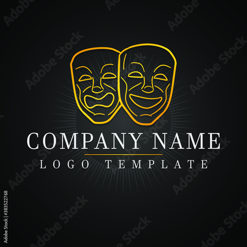 Theater Company Name. Comedy Logo Template Design. Logotype Gold Mask. Flat Brand Icon.