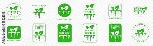 Conceptual icon - No plastic. Biodegradable and compostable products, decomposed and absorbed into the ground without harming the environment. Label with leaves and flowing sign. Vector.