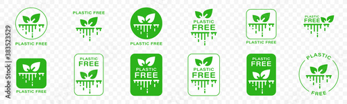Conceptual icon - No plastic. Biodegradable and compostable products, decomposed and absorbed into the ground without harming the environment. Label with leaves and flowing sign. Vector.