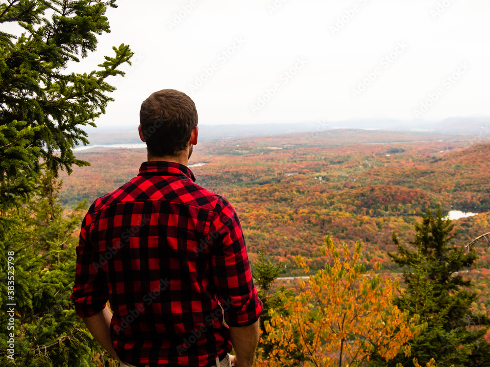 Back view of a man with a lumberjack shirt admiring the autumnal view in the Mont-Orford national park, Canada