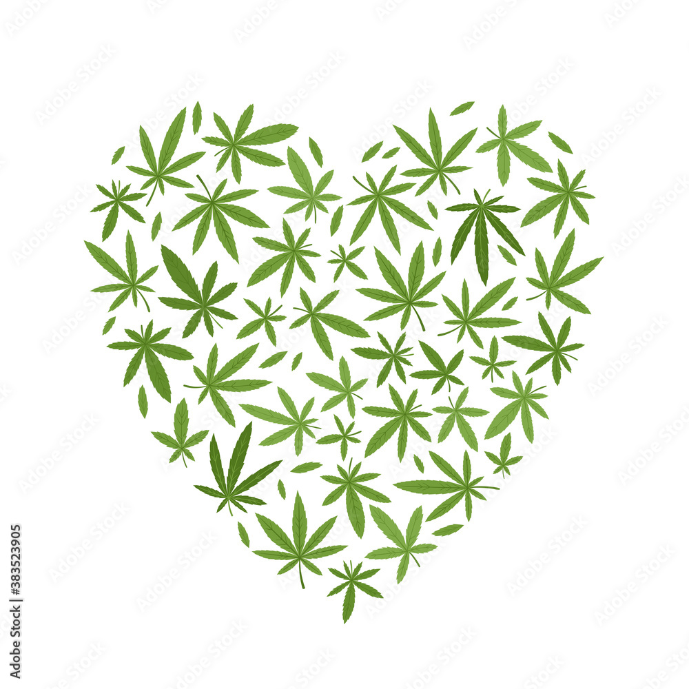 Obraz premium Vector illustration of bright green cannabis leaves in heart shape