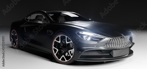 New black coupe sports car in studio light. Brandless generic contemporary design