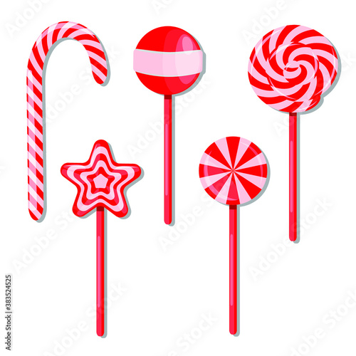 Set with red lollipops on white background.