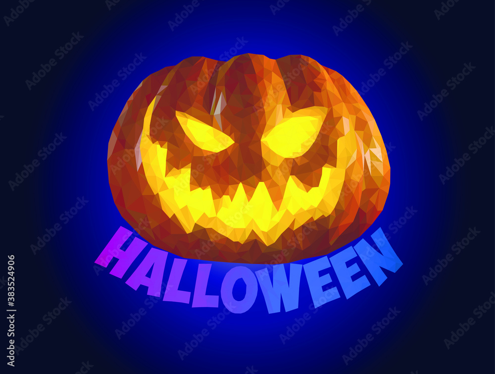 Naklejka premium pumpkin for Halloween bright orange on a dark blue luminous background in the style of low poly with the inscription Halloween
