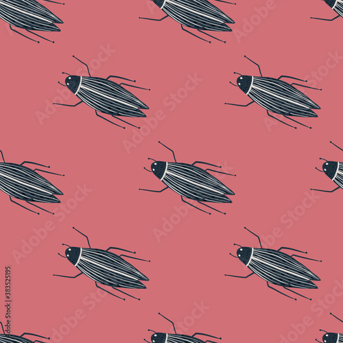 Nature seamless pattern with insects fauna print. Grey simple bugs silhouettes on pink background. Exotic animal backdrop.