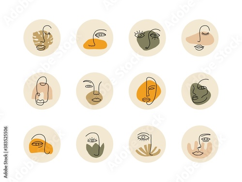 Abstract social media highlight stories. Contemporary one line faces organic shapes, vector doodle hand drawn elements Matisse style