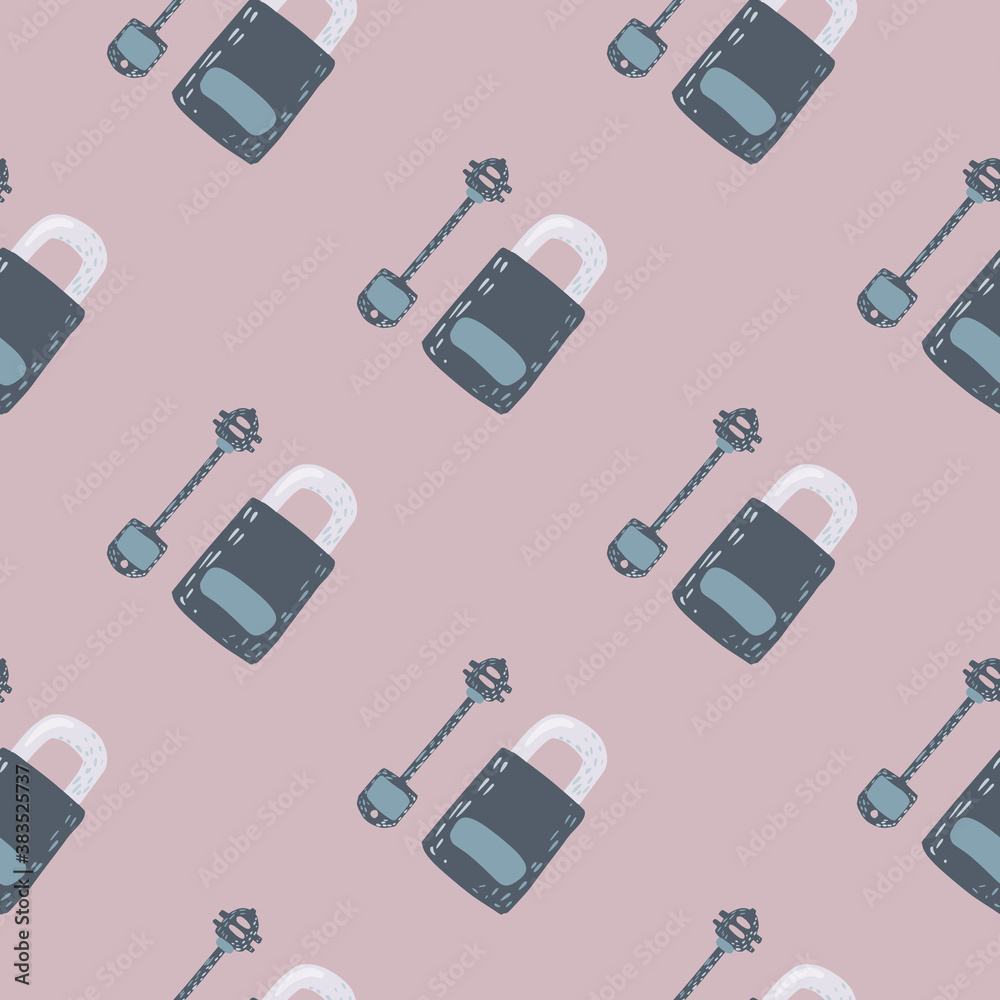 Doodle seamless pattern with navy blue pale lock and keys silhouettes. Vintage design ornament on lilac background. Doodle seamless pattern with navy blue pale lock and keys silhouettes. Vintage design ornament on lilac background.