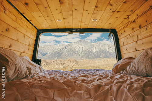 Views of mountain range from sprinter van in northern California.