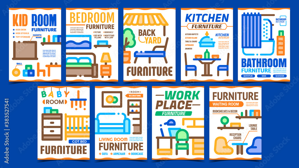 Home Rooms Furniture Promo Posters Set Vector. Kitchen And Bedroom, Bathroom And Workplace, Living And Baby Rooms Interior Advertising Banners. Concept Template Style Color Illustrations