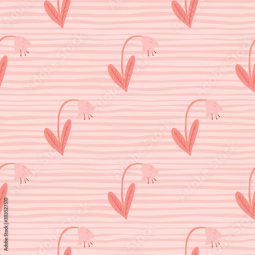 Summer tender seamless pattern with doodle campanula pastel ornament. Stripped background. Pink palette artwork.