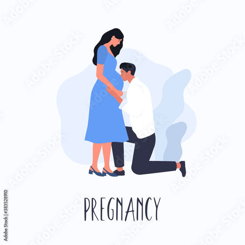 Happy pregnant couple. Husband kissing pregnant belly. Vector