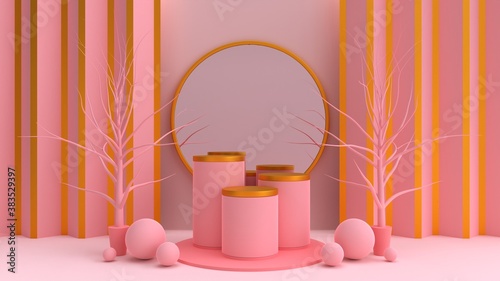 3d render abstract geometric background, Three display stands with mirror in the back , There are balls and trees without pink leaves on both sides.
