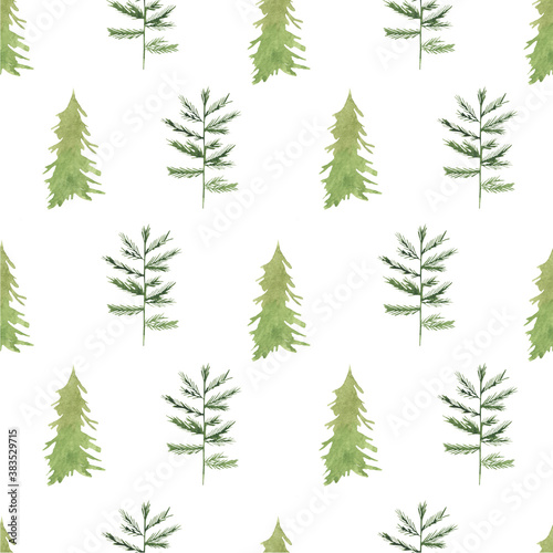 Seamless pattern with watercolor Christmas trees. Festive background, winter theme, forest, trees, green. For printing, packaging, cover, textiles, wallpaper, scrapbooking.