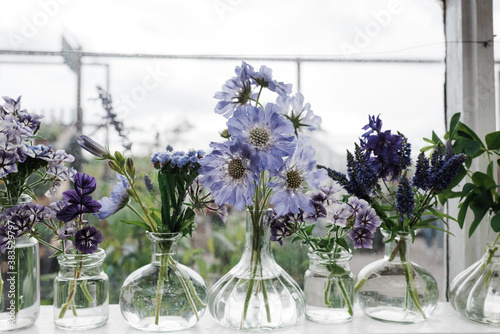 freshly picked flowers in vases on a window sill in summer photo