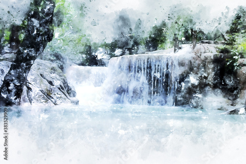 Abstract colorful waterfall in forest on watercolor illustration painting background.