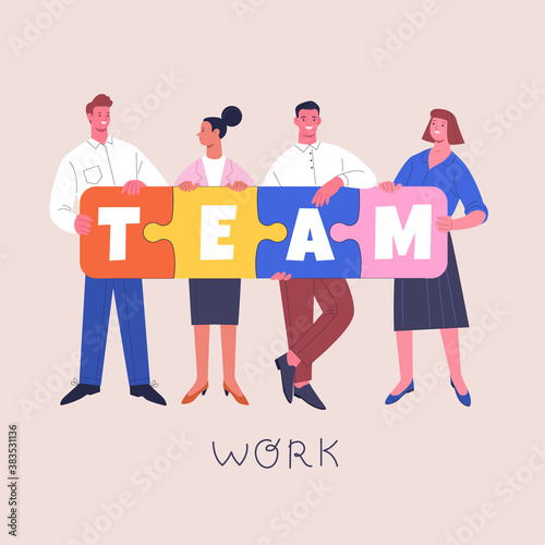 Teamwork concept. Vector illustration of four cartoon young people in business outfits with pieces of puzzle, making word TEAM. Isolated on background