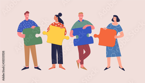 Teamwork concept. Vector illustration of four cartoon young people in casual outfits with pieces of puzzle. Isolated on background
