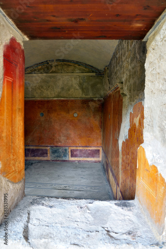 Painted wall in Pompeii city destroyed in 79BC by the eruption of Mount Vesuvius  Pompeii Italy photo