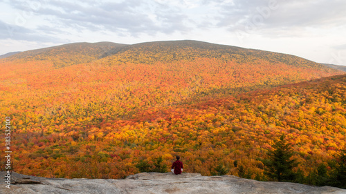 Back view of a young man with a lumberjack shirt sitting on the edge of a rock and admiring the beautiful autumnal colors in the Mont-Megantic national park, Canada