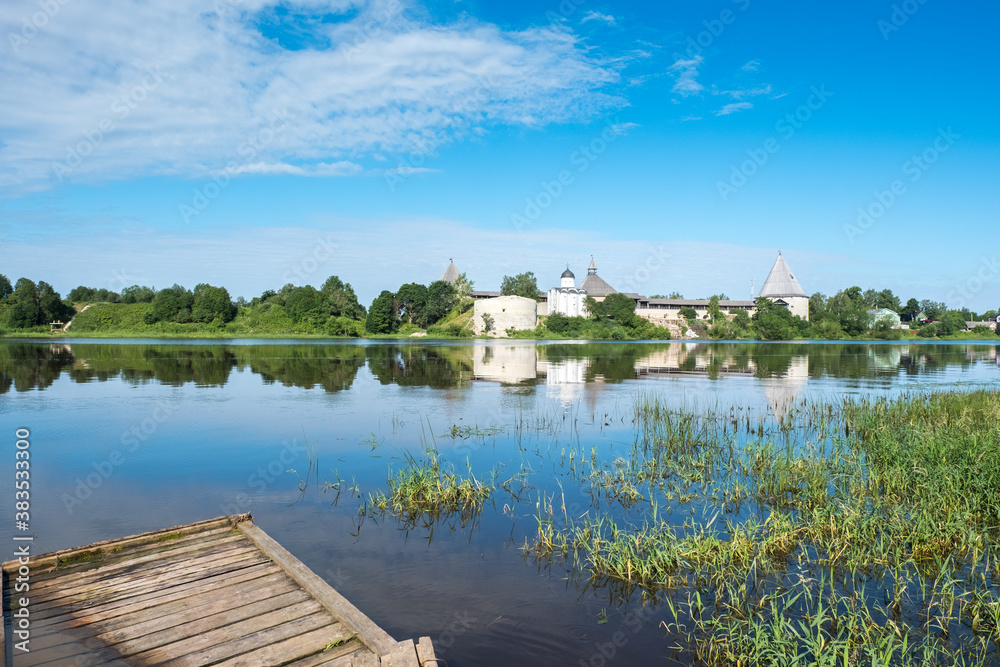 Obraz premium Summer landscape with an old fortress in Staraya Ladoga. Founded in 753. Bank of the Volkhov River. Leningrad region. Russia