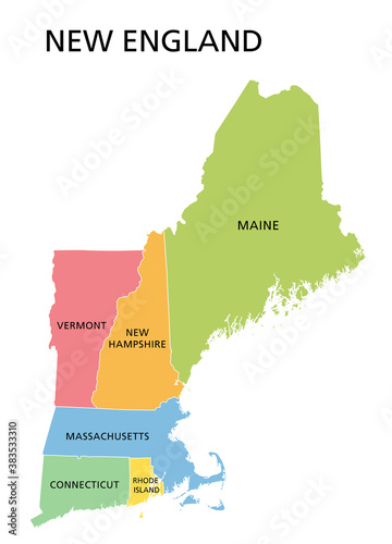 New England region, colored map. A region in the United States of America, consisting of the six states Maine, Vermont, New Hampshire, Massachusetts, Rhode Island and Connecticut. Illustration. Vector