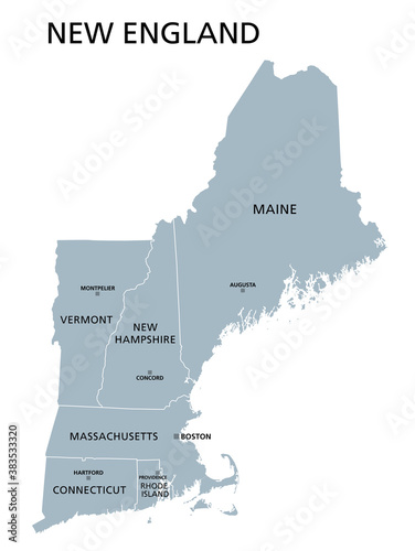 New England region of the United States of America, gray political map. The six states Maine, Vermont, New Hampshire, Massachusetts, Rhode Island and Connecticut with capitals. Illustration. Vector.