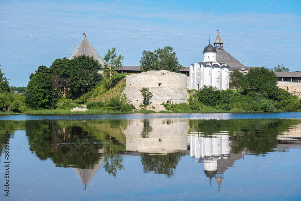 Summer landscape with an old fortress in Staraya Ladoga. Founded in 753. Bank of the Volkhov River. Leningrad region. Russia