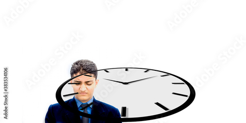 Shot of a man with a board lazy look on his face after watching the clock and releasing that it's time for work. photo